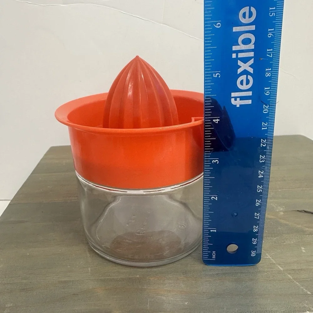 Vintage Gemco Orange Plastic Hand Juicer With Glass Jar Base 12-ounce Capacity